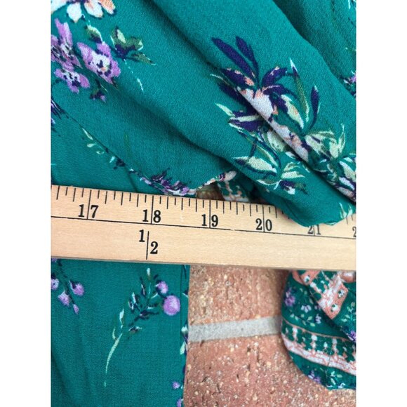 Rachel Zoe Green Floral Boho Peasant Top Puff Sleeves & Tassel Tie Neck Womens S - Picture 9 of 11